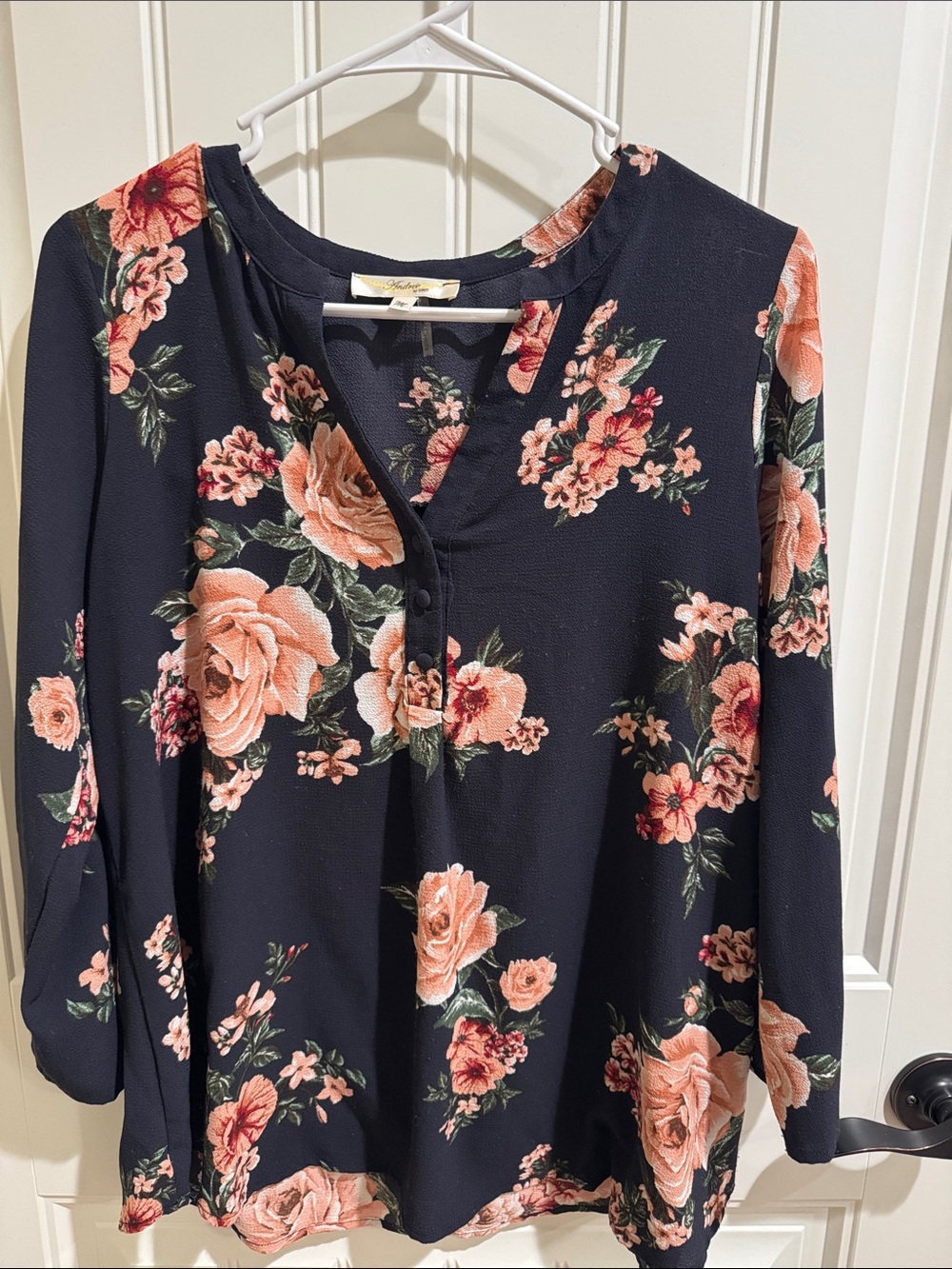 ANDREE BY UNIT Navy Floral Henley Blouse with Pink Peach Roses
